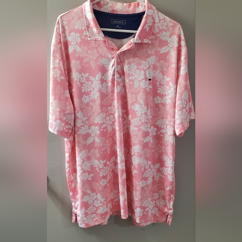 Crown And Ivy Men's Pink Floral Polo Shirt. Sx XL